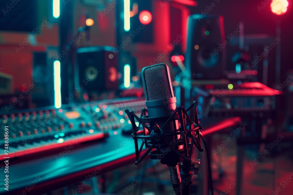 Professional microphone in a recording studio with ambient lighting and equipment in the background - obrazy, fototapety, plakaty 