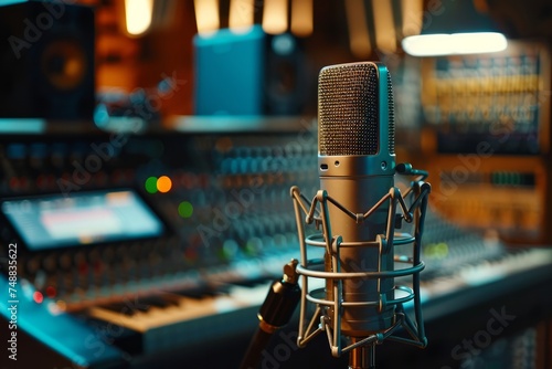 Professional microphone in a recording studio with ambient lighting and equipment in the background photo