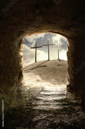 Three wooden crosses on a hill in the morning. Concept of Crucifixion on Mount Golgotha  resurrection of Jesus Christ. Christian Easter holiday symbol  Calvary