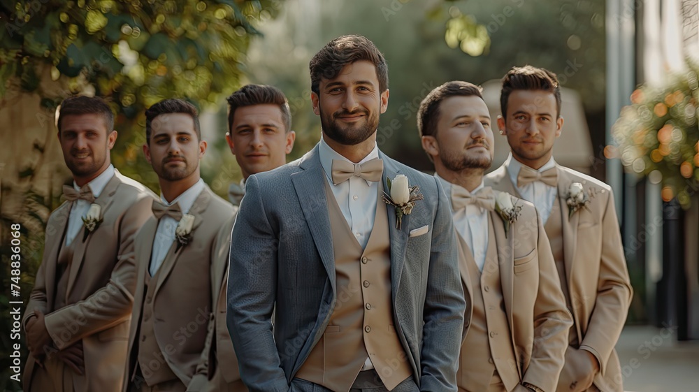 the groom donning a bluish-grey suit, surrounded by groomsmen clad in coordinating beige suits, each exuding their unique charm and personality. the groom donning a bluish-grey suit, surrounded by groomsmen clad in coordinating beige suits, each exuding their unique charm and personality.