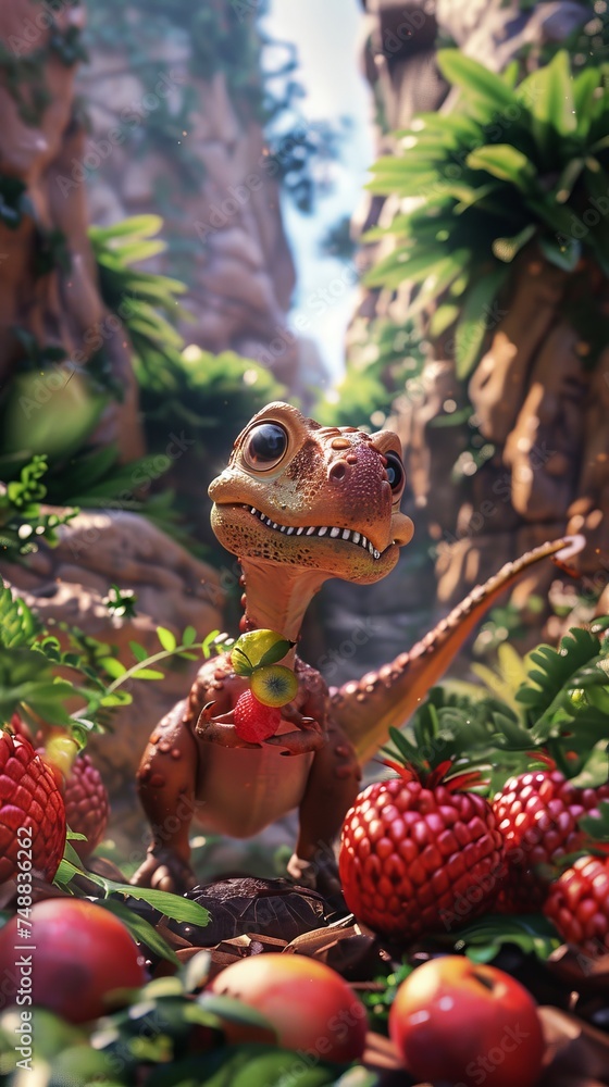 3D dinosaur discovering a hidden valley of oversized fruits