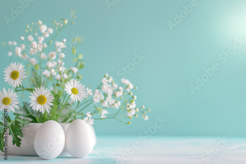 Bright minimalistic Easter backdrop with  Hallelujah - Happy Easter  message  eggs  and spring decor