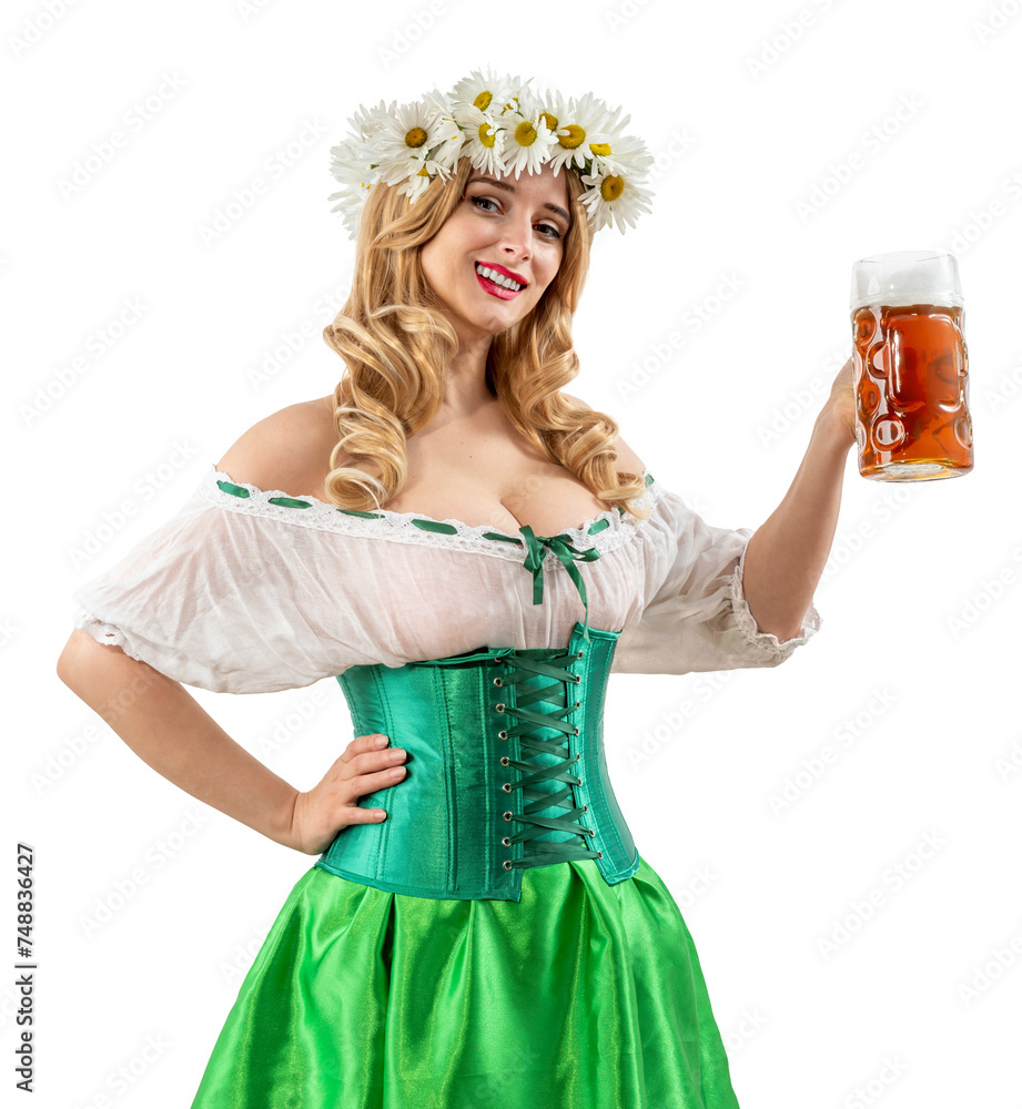 Midsummer woman waitress serving big beer mugs on isolated background during beer party. Blonde girl with wreath daisies flowers in her hair celebrating traditional beer festival in summer or spring. Midsummer woman waitress serving big beer mugs on isolated background during beer party. Blonde girl with wreath daisies flowers in her hair celebrating traditional beer festival in summer or spring.