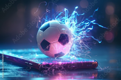 A soccer ball emerging from a smartphone screen with dynamic lighting effects.