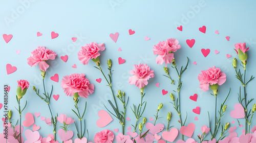 Pink carnation flowers and paper hearts on a pastel background for Mother's day card