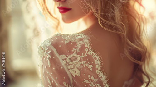 A woman with long blonde hair and a red lipstick is wearing a white lace dress