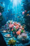 A surreal banquet under the sea, with coral flowers and whimsical fish
