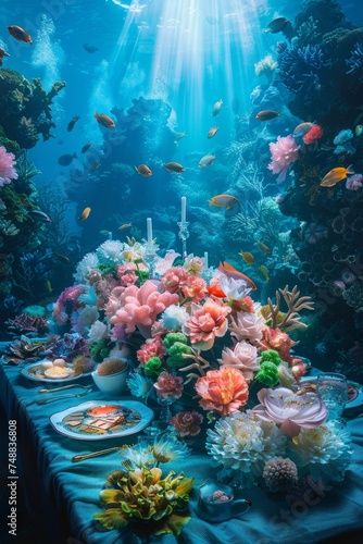 A surreal banquet under the sea  with coral flowers and whimsical fish