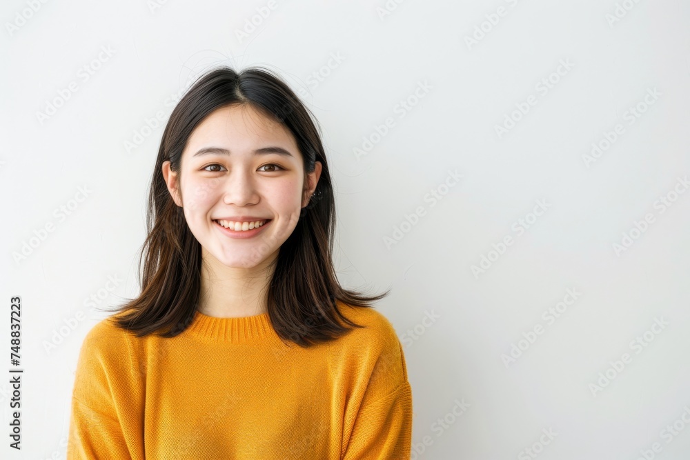 Radiating joy and humor, a university student girl stands before a pristine white background, perfectly capturing the spirit of youthful protagonists. Radiating joy and humor, a university student girl stands before a pristine white background, perfectly capturing the spirit of youthful protagonists.