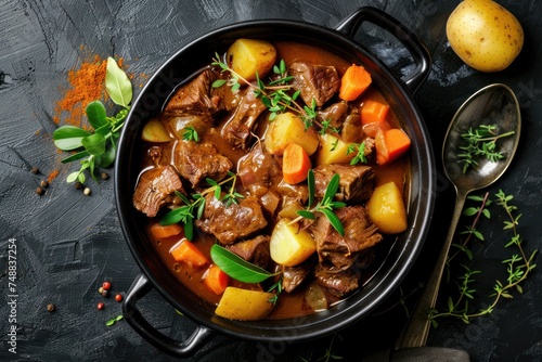 Beef meat stew with potatoes, carrot and delicious gravy in black casserole pot with bay leaves and fresh green herbs with spoon on black dark rustic concrete background from above