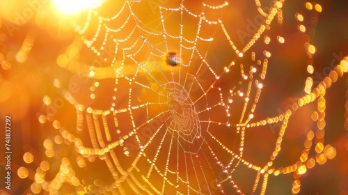 Close-up of sparkling dew on spider silk, dawns first light
