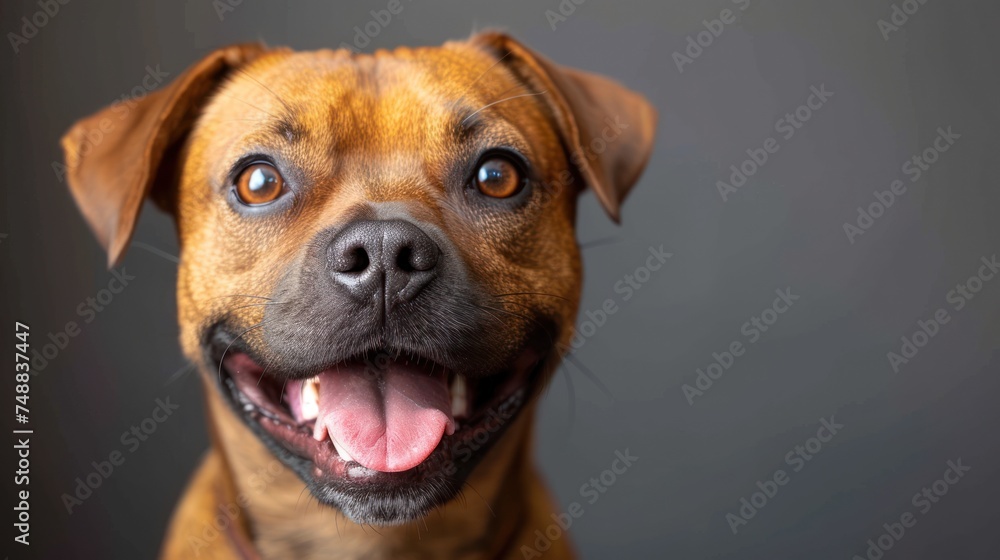 Smiling Dog with Pink Tongue, Brown and White Dog with a Big Smile, Happy Dog with Wide Open Mouth, A Joyful Brown and White Dog.