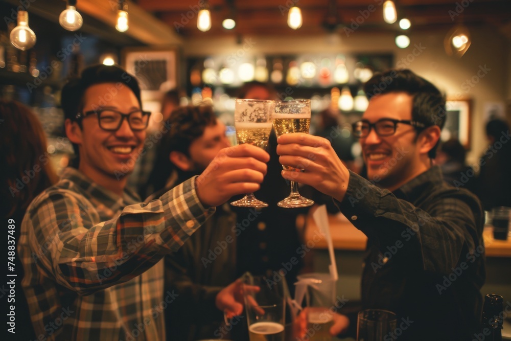 Two men toasting with glasses in a bar - Friends celebrating with a toast in a cozy bar atmosphere