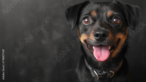 A Happy Dog with a Pink Tongue, The Smiling Face of a Black and Brown Dog, A Contented Canine with His Tongue Out, A Playful Puppy Looking at the Camera. photo