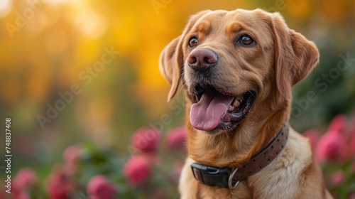 A Golden Retriever in a field of flowers, The Happy Dog with Pink Flowers, Golden Retriever Smiling at the Camera, A Sunny Day with a Brown Dog and Red Flowers. photo