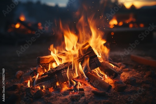 Close-up view of burning logs with vibrant orange and yellow flames in an open campfire