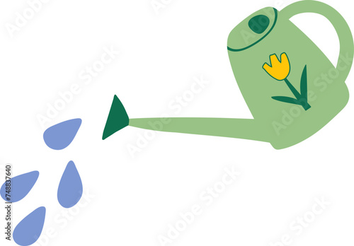 Watering can with water drops clip art isolated on transparent background. Cute gardening tool vector illustration	