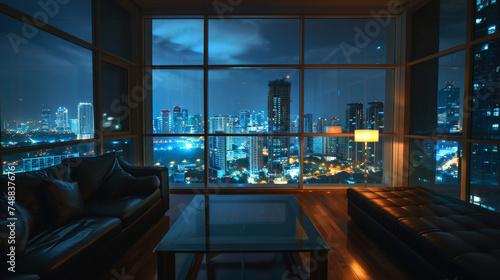 A city view from a window with a couch and a coffee table