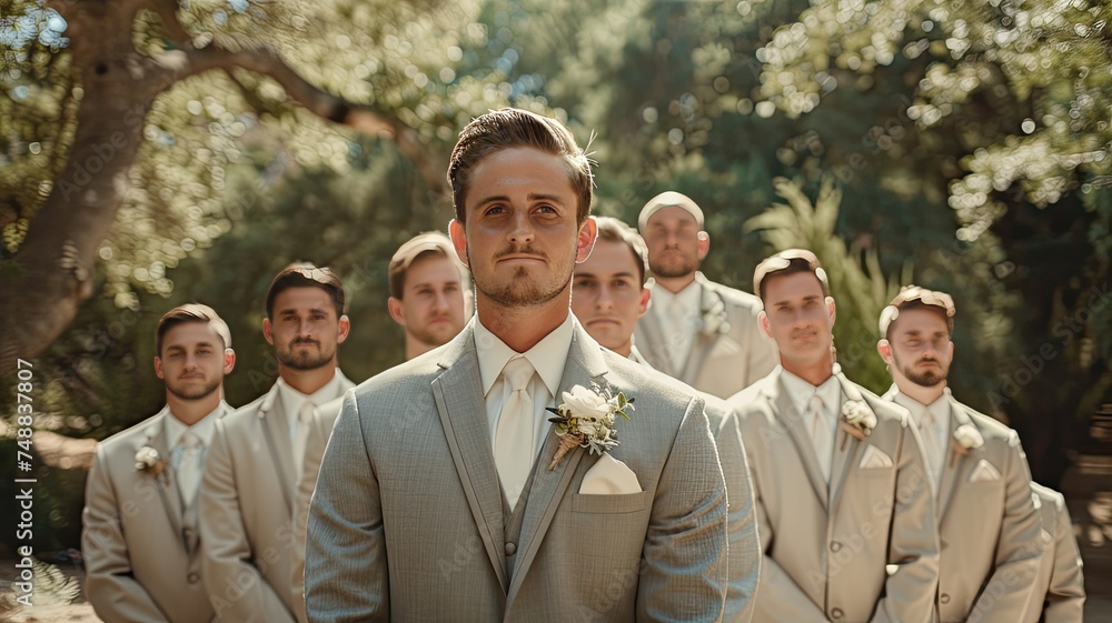 the groom donning a bluish-grey suit, surrounded by groomsmen clad in coordinating beige suits, each exuding their unique charm and personality. the groom donning a bluish-grey suit, surrounded by groomsmen clad in coordinating beige suits, each exuding their unique charm and personality.