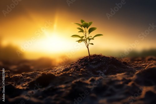 Small tree growing with sunrise.