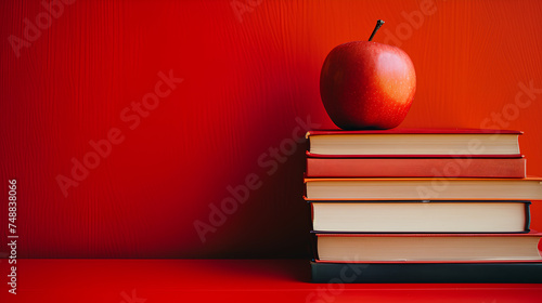 Reading books and apple on a red background students study classroom