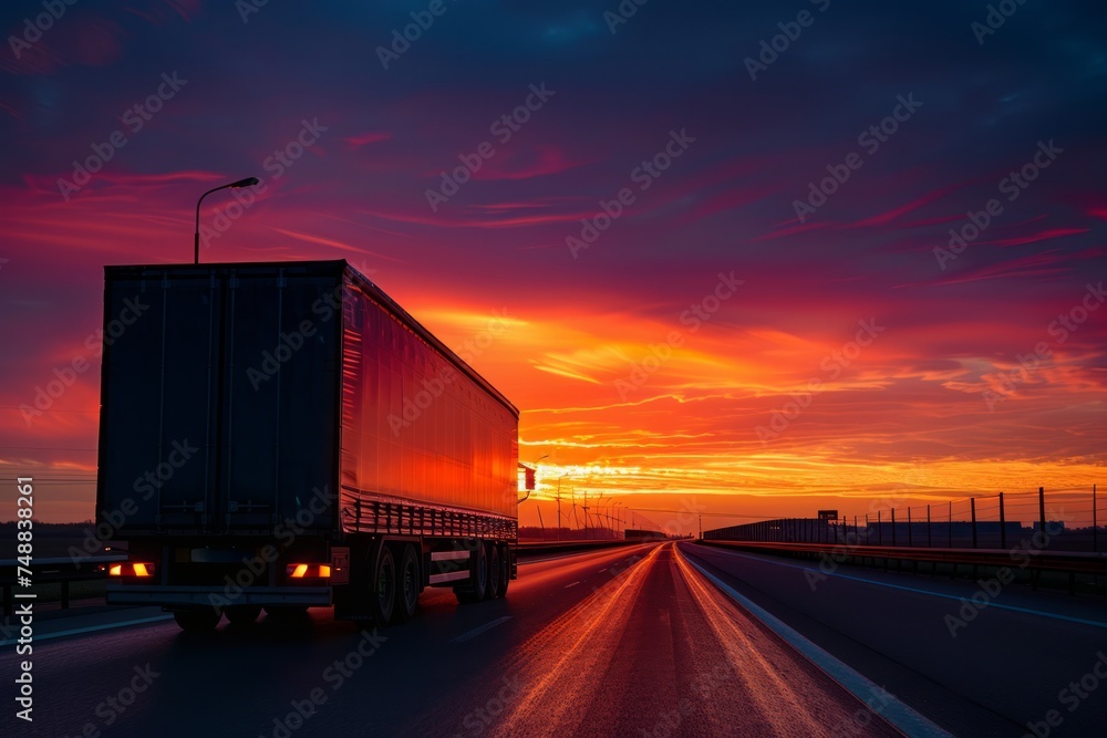 Semi-truck on the highway at sunset with a colorful sky.