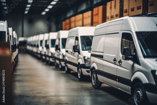 White vans parked inside spacious warehouse, boxes neatly stacked in the background