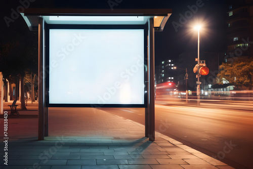 blank billboard at a bus stop during the night. The billboard is rectangular and stands out due to its illumination against the dark surrounding