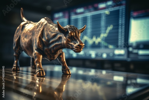Bull market with rising candlestick charts on monitors, trading volatility and recession concept