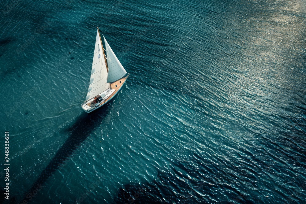 Aerial view of a sailboat on clear blue water.