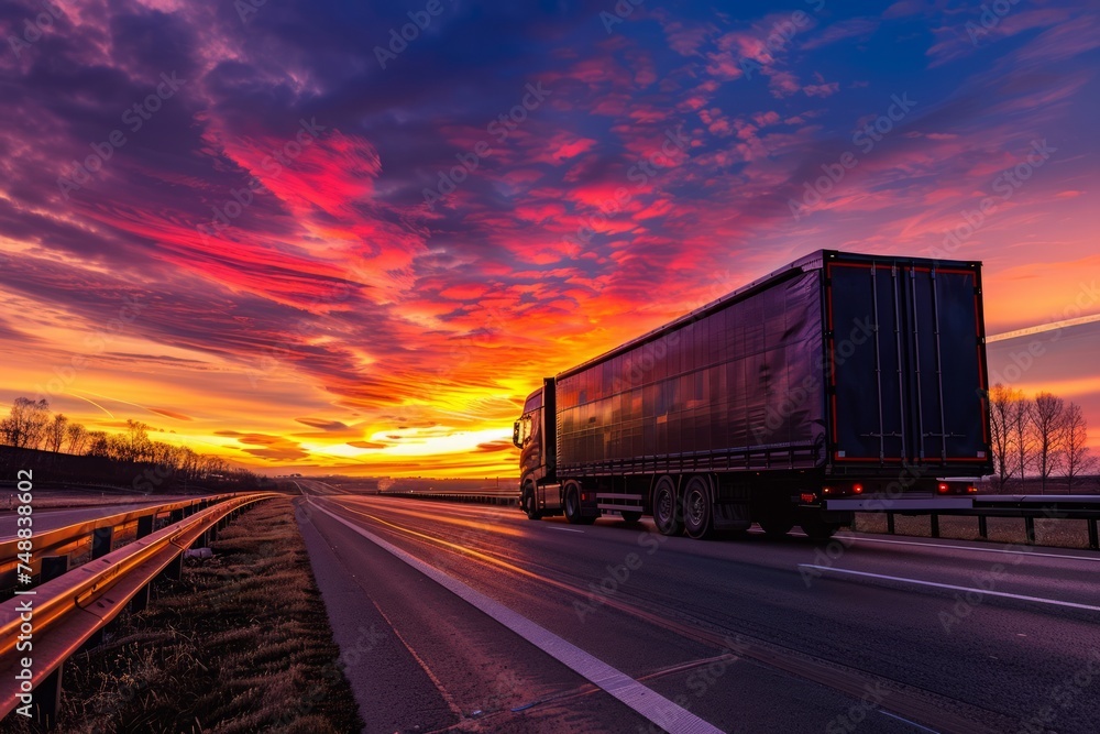 Semi-truck on the highway at sunset with a colorful sky. Semi-truck on the highway at sunset with a colorful sky.