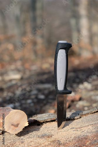 Scandinavian knife in the forest on a wooden background