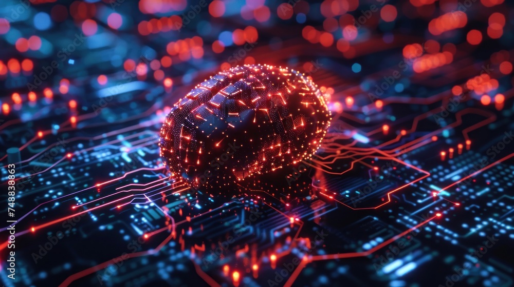 Digital illustration of a brain-shaped network on an electronic circuit board symbolizing artificial intelligence and machine learning. Digital illustration of a brain-shaped network on an electronic circuit board symbolizing artificial intelligence and machine learning.