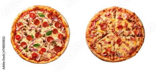 various tasty hot pizzas vector. Italian cuisine, menu, and recipe Homemade meat, vegetables, mushrooms, beef, and tomato pizza pizzas isolated on a white or transparent background, top view 