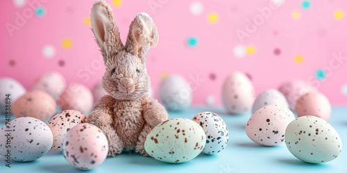 A photo displaying a stuffed rabbit with floppy ears sitting in front of a group of colorful painted eggs. The rabbit is facing the camera, creating a charming Easter-themed scene