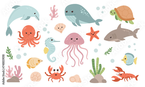 Sea creatures set isolated on white background. Sea animals and fishes. Marine elements. Cute flat style. © Liliia