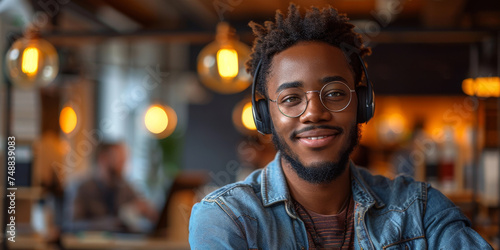A focused male customer support employee smiling while wearing a headset in a call center setting. He appears attentive and ready to assist customers with their inquiries