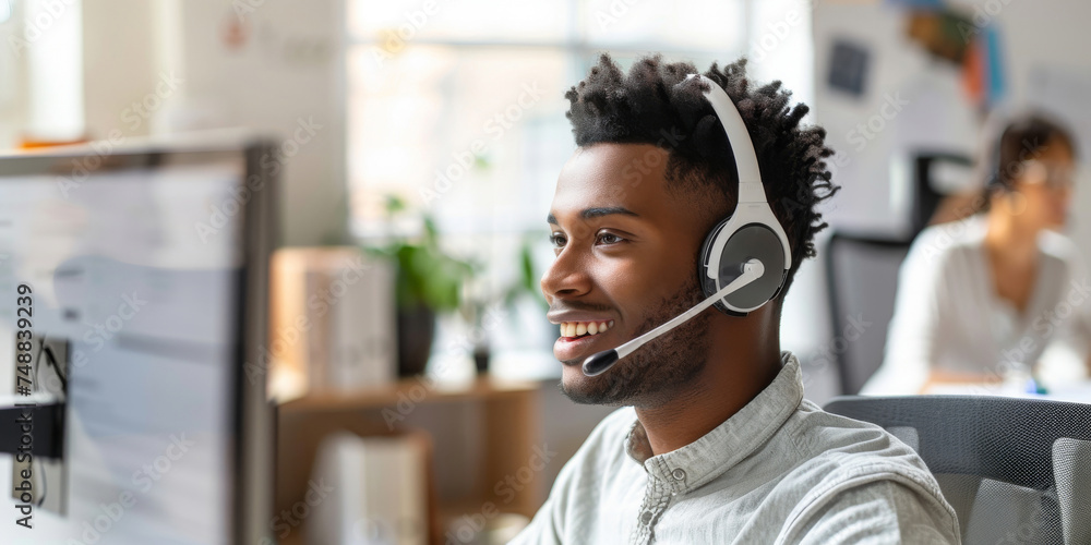 A man wearing a headset is sitting in front of a computer screen in a call center office, focusing on his work tasks A man wearing a headset is sitting in front of a computer screen in a call center office, focusing on his work tasks