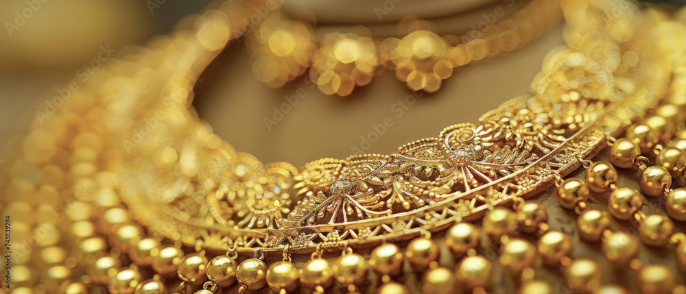 A gold necklace with a gold chain and gold beads A gold necklace with a gold chain and gold beads