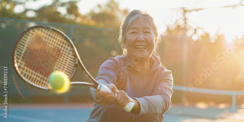 A woman of Asian descent is practicing on a tennis court while holding a tennis racquet © Lidok_L