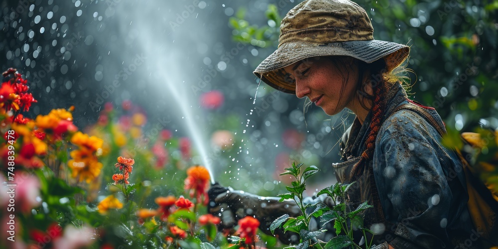 Rainy Day Gardening: Florist Tending to Blooms. Gardener in rain showers tenderly caring for vibrant flowers
