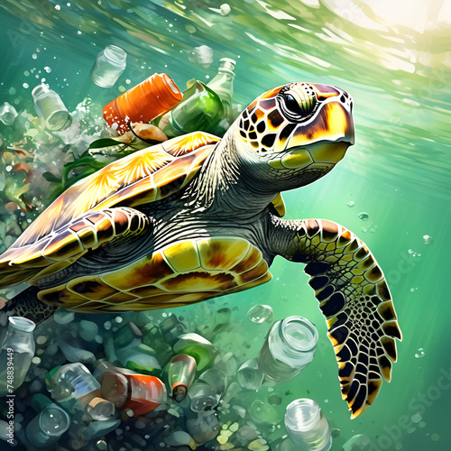 Oceanic Sorrow: A Sea Turtle's Struggle Amidst the Deluge of Plastic Pollution photo