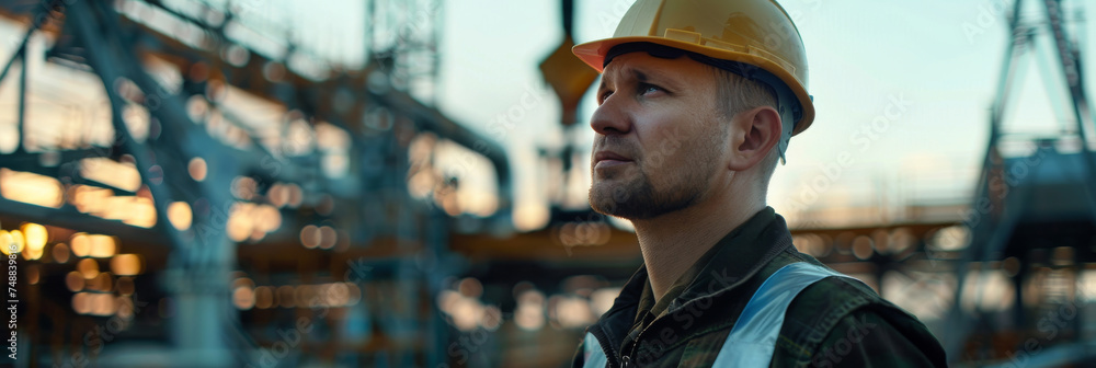 Confident Construction Worker Overlooking Industrial Site Confident Construction Worker Overlooking Industrial Site