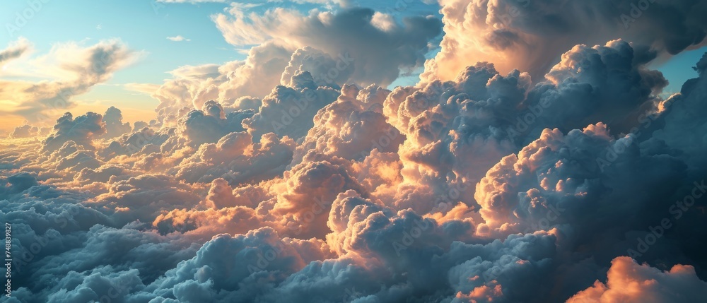 Dramatic Sunset Cloudscape with Vibrant Colors. A breathtaking view of cumulus clouds illuminated by a vibrant sunset