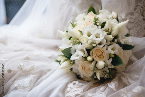 The bride's wedding bouquet lies on a white lace dress