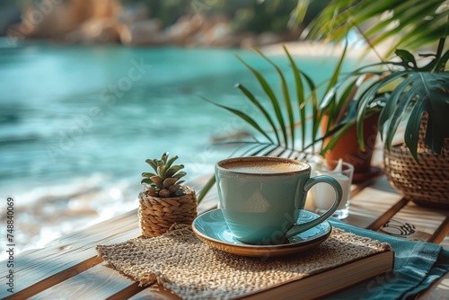 A serene morning scene with a cup of coffee set on a table by the ocean photo