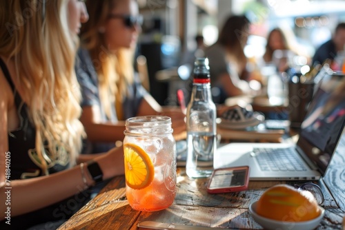 At a sunlit cafe  a refreshing citrus drink beside a laptop and phone represent remote work