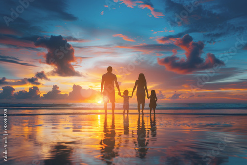 Silhouetted family holding hands on a beach, reflecting on wet sand against a vibrant sunset sky.