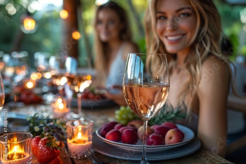 Focused shot of a rose wine glass at a festive gathering with warm lighting and fruits on the table