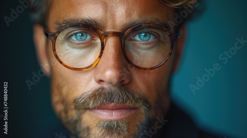 The Man with the Blue Eyes, A Close-Up of a Bearded Man, Glasses on a Man's Face, The Man with a Mustache.